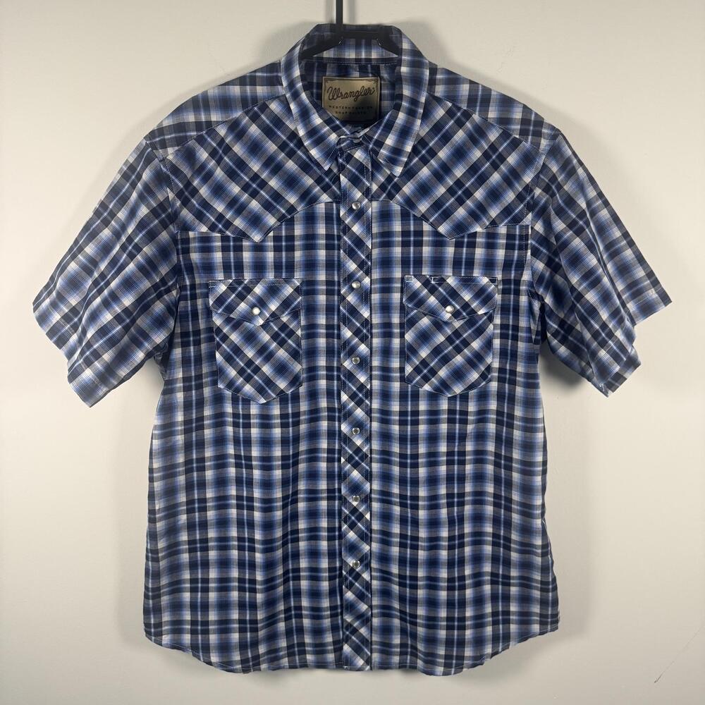 Wrangler Shirt Mens Large Blue Plaid Short Sleeve Western Snap Pockets Casual